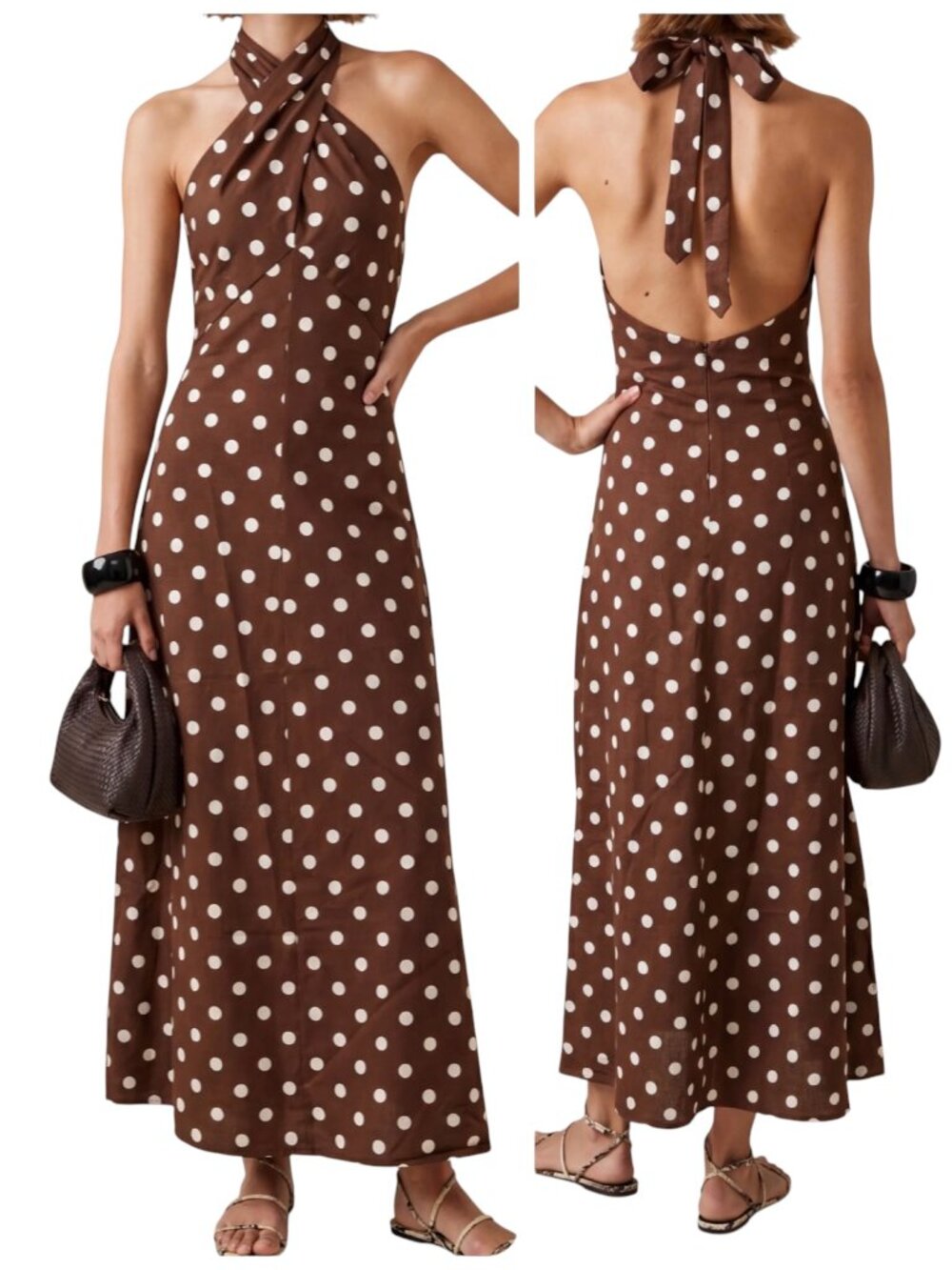 O.P.T. Noelle Brown Polka Dot Linen Blend Halter Maxi Dress S NWT